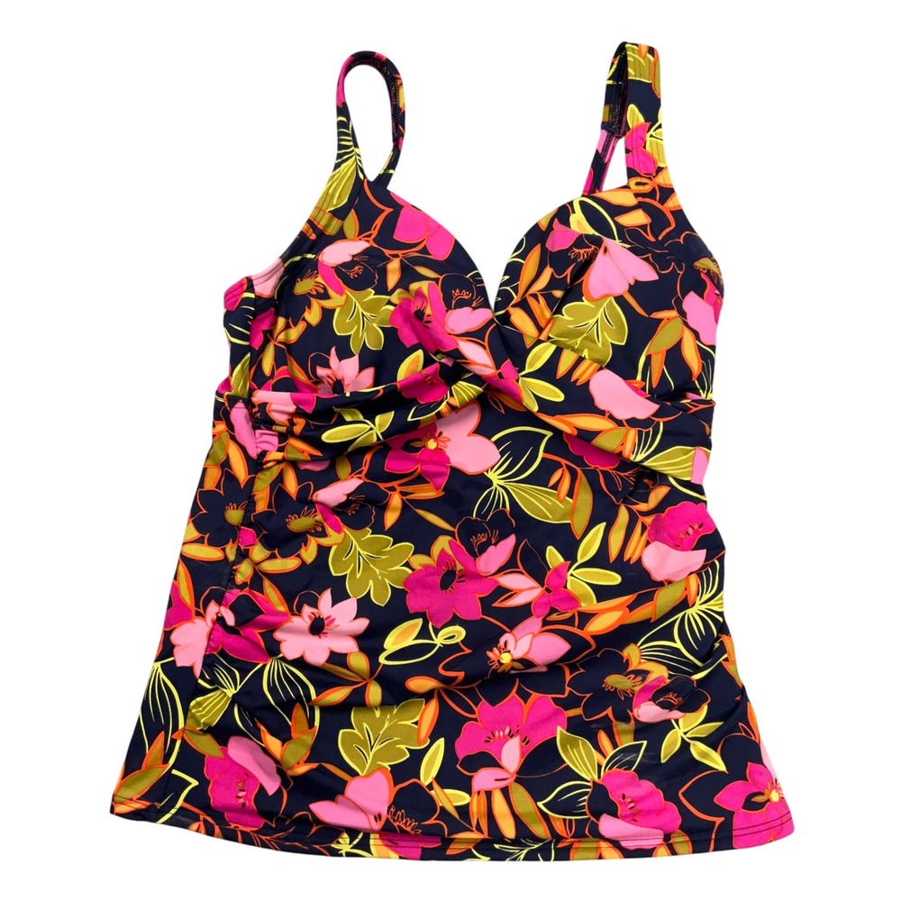 Lands End Tankini Top Womens 6 Navy Blue Floral Excellent Ruched Twist Front